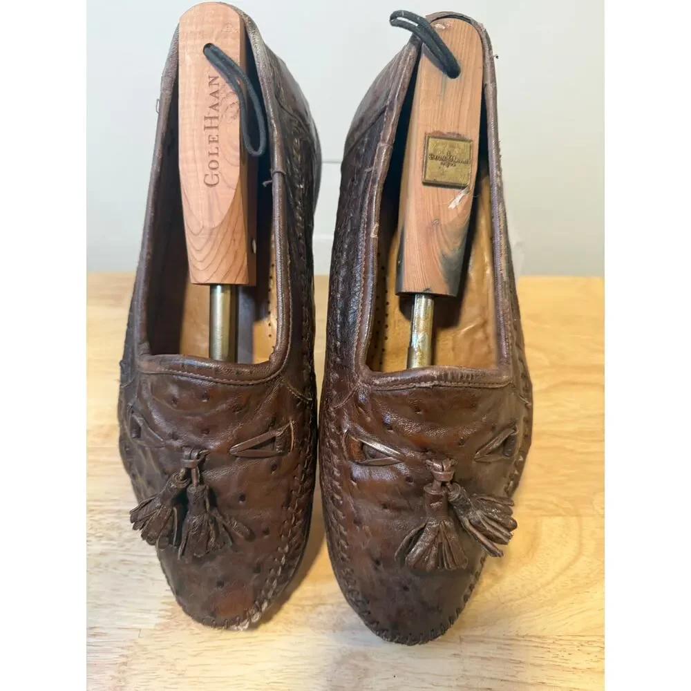 Zelli Made in Italy Ostrich Leather Slip On Loafer Shoes w Tassels Size 8.5 M JL